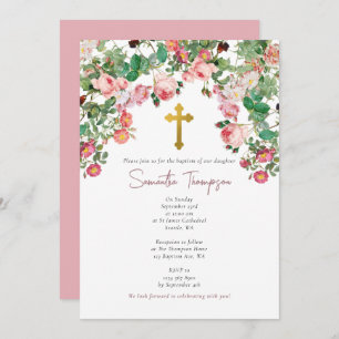 Invitation Aquarelle rose Rose Fleur Jardin Fille Baptême
