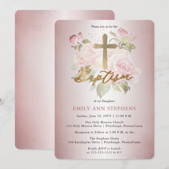 Invitation Aquarelle rose rose Floral Girl Baptême (Devant / Derrière)