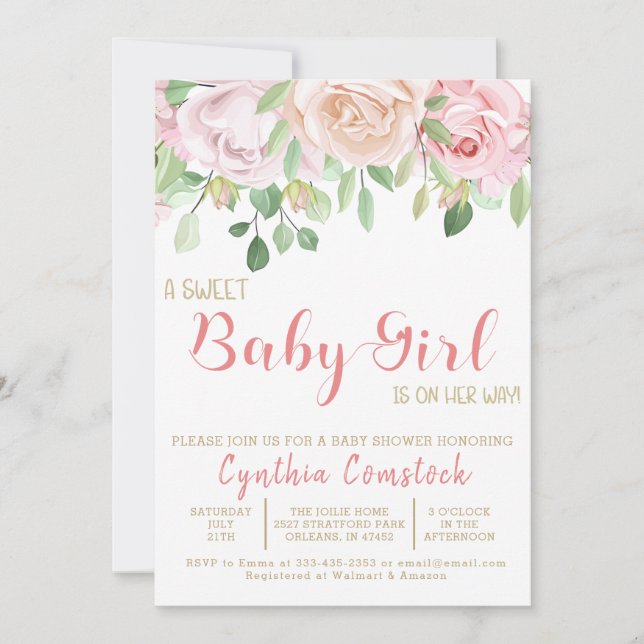 Invitation Aquarelle rose rose florale fille douche (Devant)