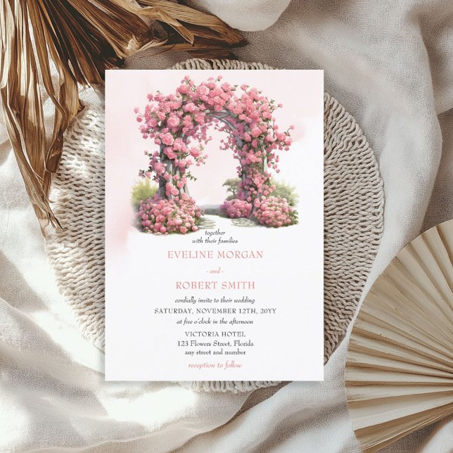 Invitation Aquarelle rose rose pâle roses arche mariage rusti (Watercolor pale pink roses rustic wedding arch invitation)