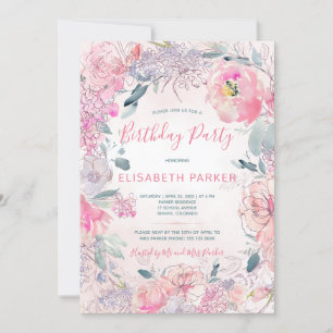 Invitation Aquarelle rose rose pâle roses jardin fête d'anniv