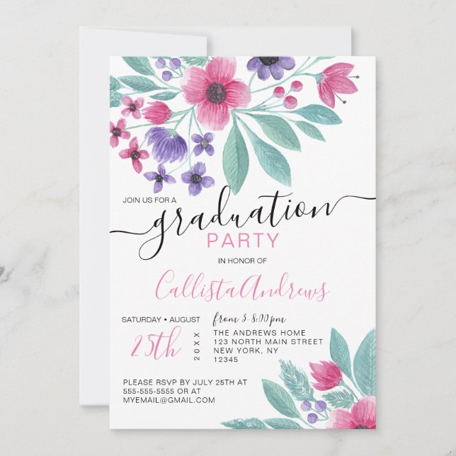 Invitation Aquarelle rose-rose-pourpre (Devant)