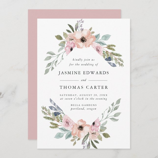 Invitation Aquarelle rose Rose poussiéreuse Cadre floral | MA (Devant / Derrière)