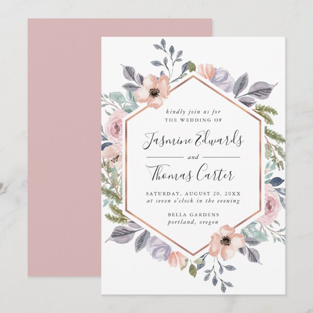 Invitation Aquarelle rose Rose poussiéreuse Cadre floral | MA (Devant / Derrière)
