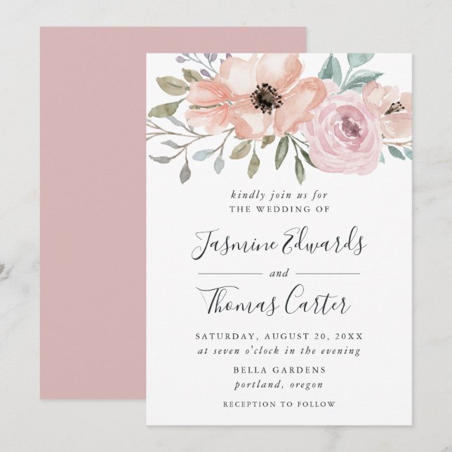 Invitation Aquarelle rose Rose poussiéreuse Floral | MARIAGE (Devant / Derrière)