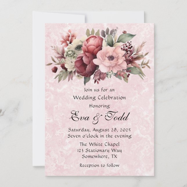 Invitation Aquarelle rose rose rose Mariage en marbre (Devant)
