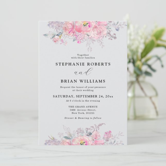 Invitation Aquarelle rose rose rustique Mariage floral (Debout devant)