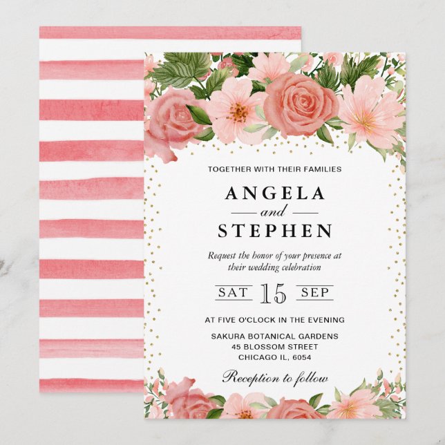 Invitation Aquarelle rose Roses Fleurs Mariage (Devant / Derrière)