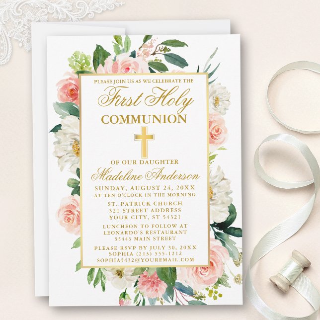 Invitation Aquarelle rose Roses Fleurs Or Première Communion (Customize to change text size, style, color or to add more text or photos to back of card.)