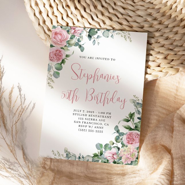 Invitation Aquarelle rose Roses Floral Anniversaire (Pretty watercolor pink roses birthday invite for her.)
