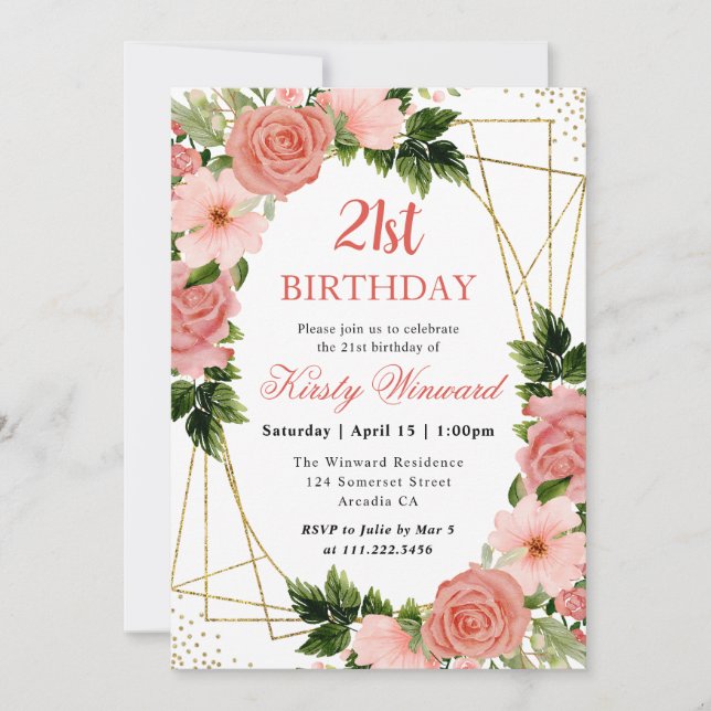 Invitation Aquarelle Rose Roses Gold Frame 21e anniversaire (Devant)