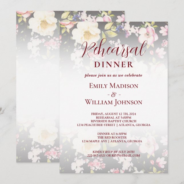 Invitation Aquarelle rose Roses jaunes, noir flou, Mariage (Devant / Derrière)