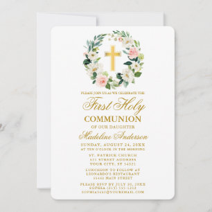 Invitation Aquarelle rose Roses Wreath Gold Première communio