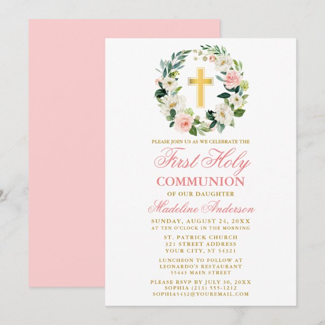 Invitation Aquarelle rose Roses Wreath Première Communion Or (Devant / Derrière)