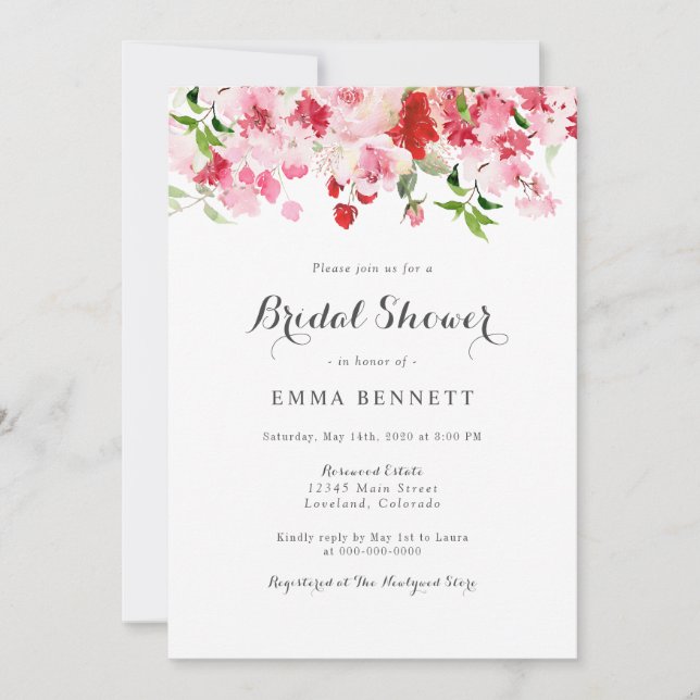 Invitation Aquarelle rose rouge Fête des mariées florale (Devant)