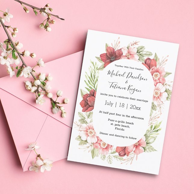 Invitation aquarelle rose rouge floral été mariage de printem (Créateur téléchargé)