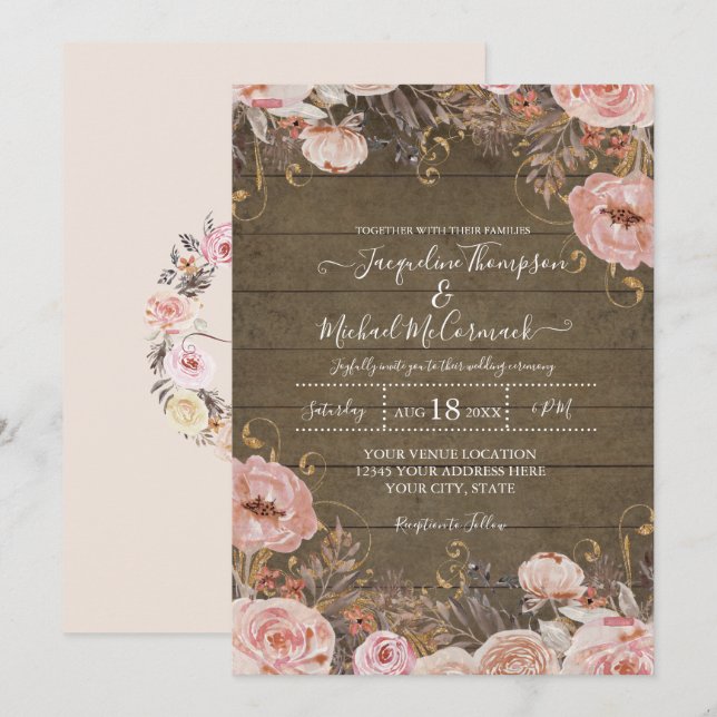 Invitation Aquarelle rose rousse rousse Rose floral (Devant / Derrière)