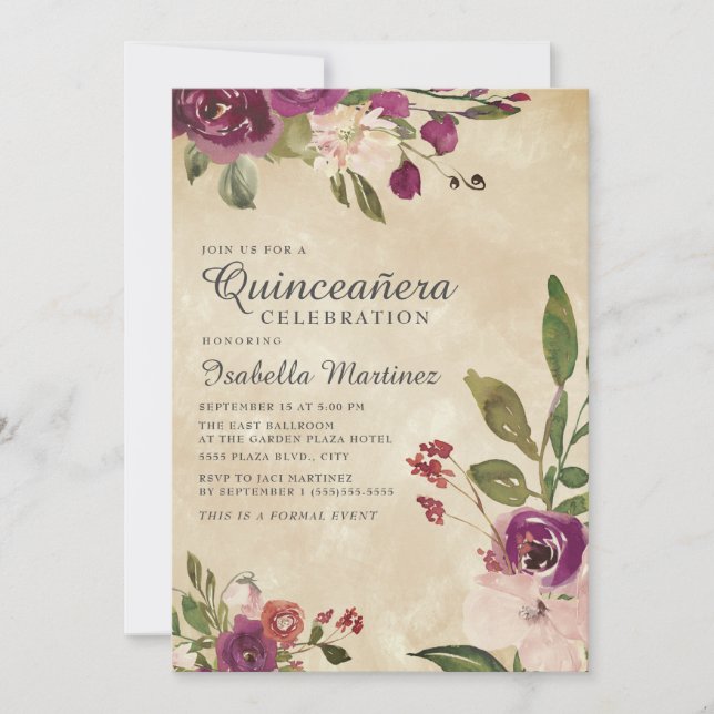 Invitation Aquarelle rose Russe violet Floral Quinceañera (Devant)