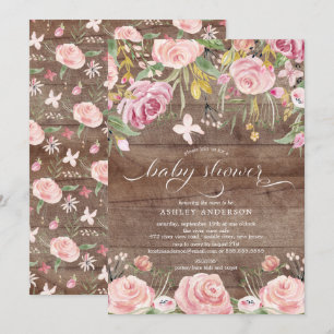 Invitation Aquarelle rose rustique Baby shower floral