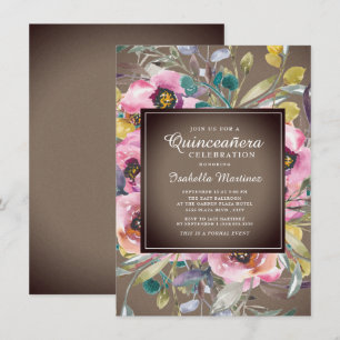 Invitation Aquarelle rose rustique Floral Brown Quinceañera