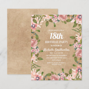 Invitation Aquarelle rose Rustique Kraft Floral 18e anniversa