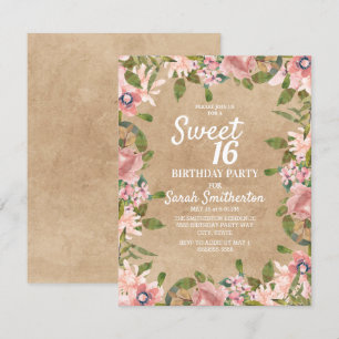 Invitation Aquarelle rose rustique Kraft Floral Sweet 16