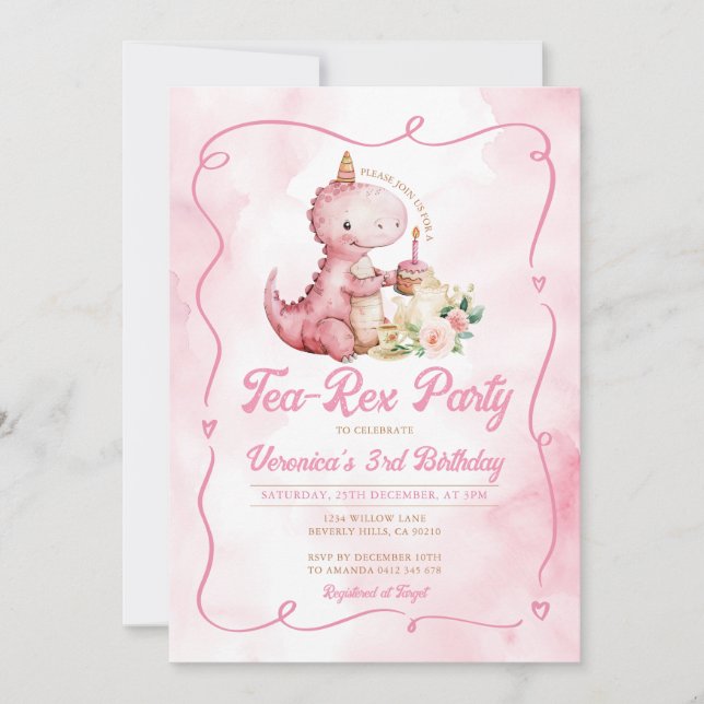 Invitation Aquarelle rose Tea-Rex Dinosaur 1er anniversaire (Devant)