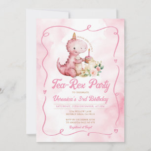 Invitation Aquarelle rose Tea-Rex Dinosaur 1er anniversaire