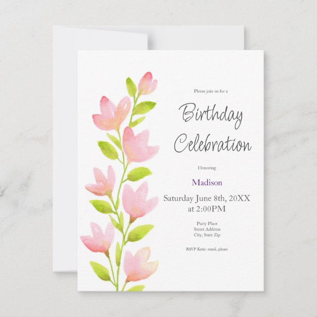 Invitation Aquarelle rose tige florale (Devant)