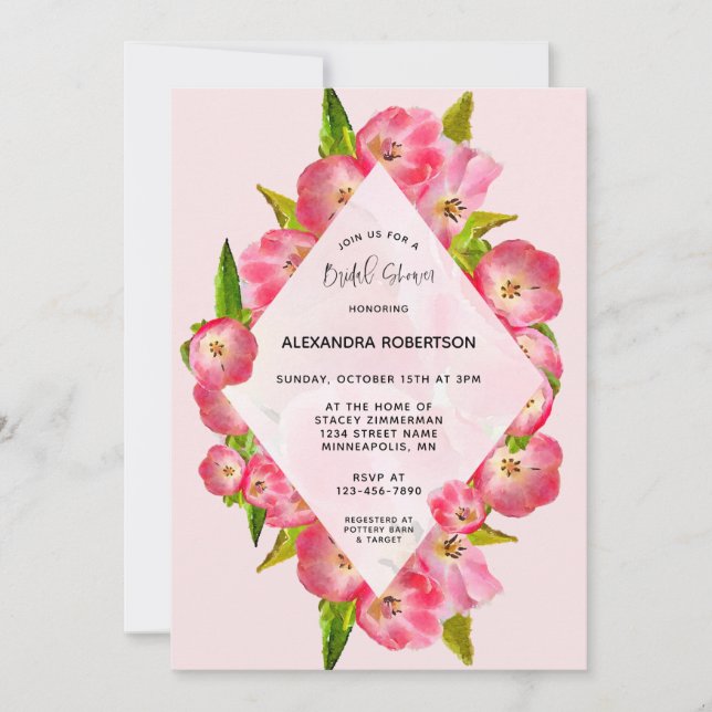 Invitation Aquarelle rose Tulipe Fête des mariées florale (Devant)