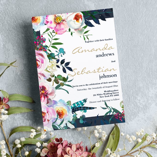 Invitation Aquarelle rose turquoise lilas vert mariage (Watercolor pink teal lilac green floral wedding )