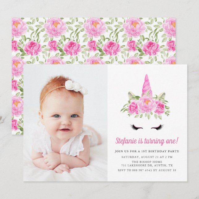 Invitation Aquarelle rose Unicorne Floral 1er Anniversaire Ph (Devant / Derrière)