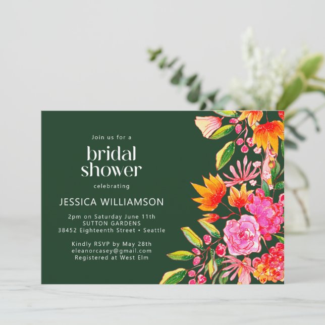 Invitation Aquarelle rose vert orange Fête des mariées floral (Debout devant)