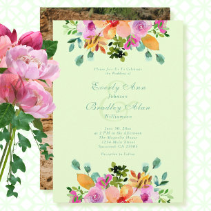 Invitation Aquarelle rose verte Floral Mariage romantique