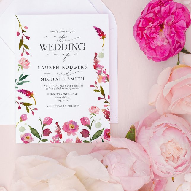 Invitation Aquarelle rose vibre Jardin Floral Mariage (Vibrant Pink Wedding Invitation!)