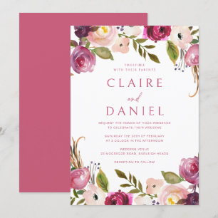 Invitation Aquarelle rose vibre Mariage de couronnes florales
