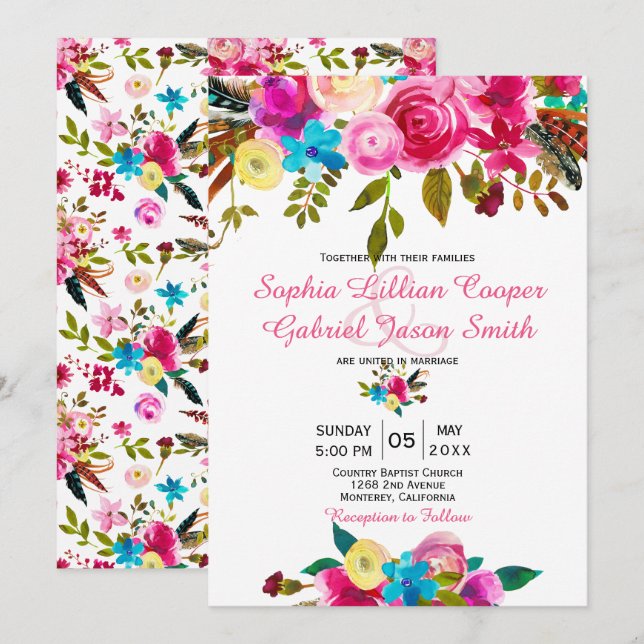 Invitation Aquarelle rose vibre Mariage de typographie floral (Devant / Derrière)