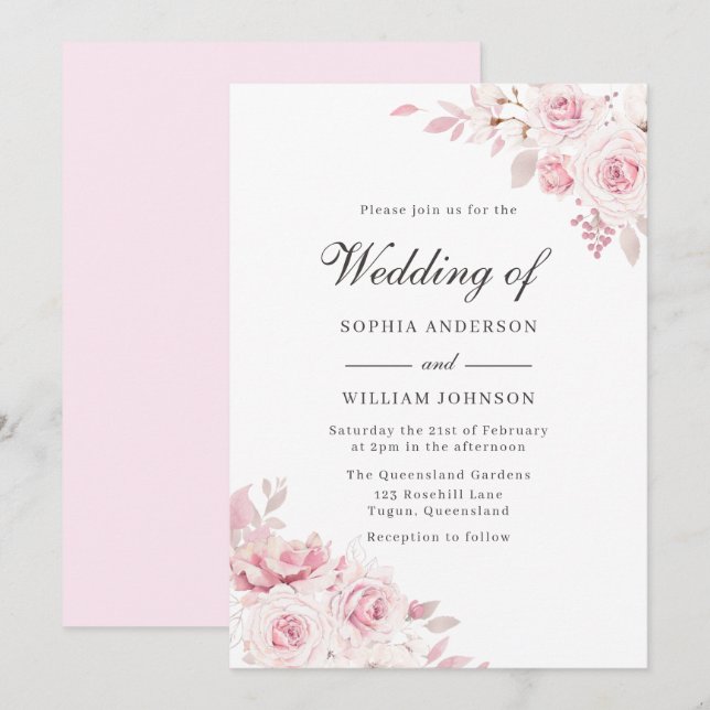 Invitation Aquarelle rose vierge très élégante Mariage floral (Devant / Derrière)