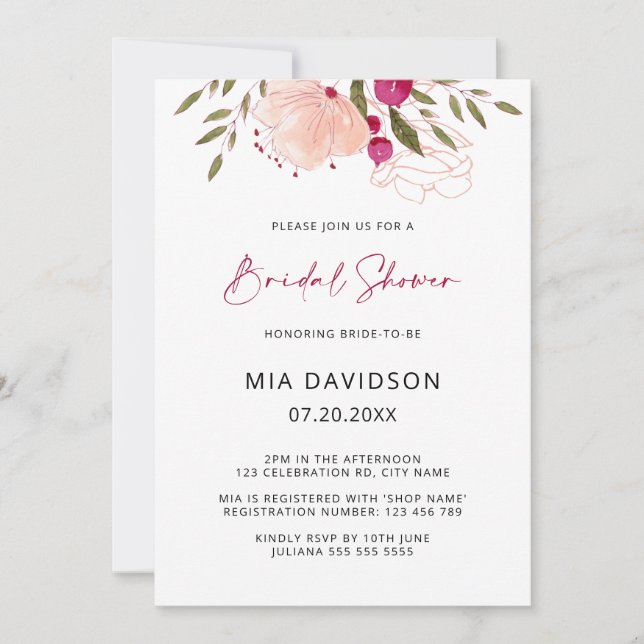 Invitation Aquarelle rose vif Fête des mariées de jardin fleu (Devant)