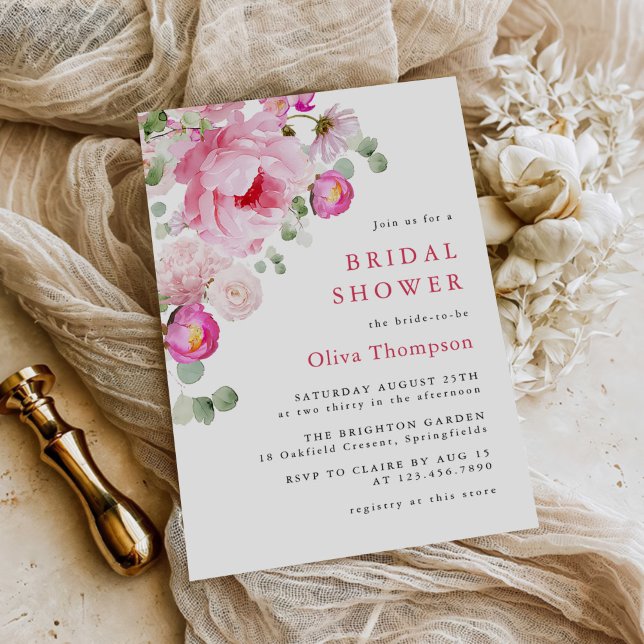 Invitation Aquarelle rose vif Fête des mariées de pivoine flo (Créateur téléchargé)