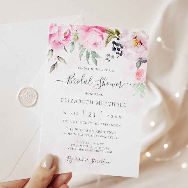 Invitation Aquarelle rose vif Fête des mariées de pivoine flo (Créateur téléchargé)