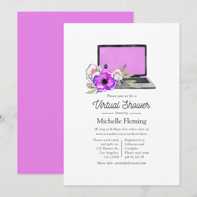 Invitation Aquarelle rose vif Floral Baby shower virtuel (Devant / Derrière)