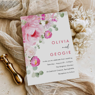 Invitation Aquarelle rose vif Mariage de pivoine florale