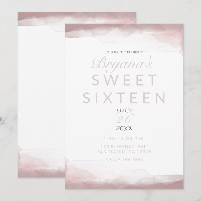 Invitation Aquarelle rose vif Moderne Chic Sweet 16 (Devant / Derrière)