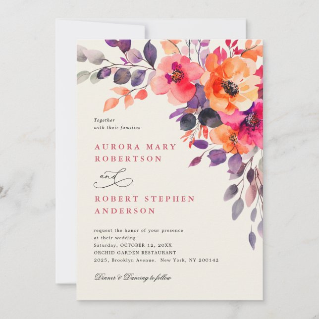 Invitation Aquarelle rose vif orange rose vif Mariage élégant (Devant)
