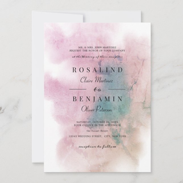 Invitation Aquarelle rose vif vert Mariage Abstrait (Devant)