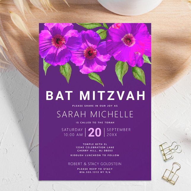 Invitation Aquarelle rose violet bat mitzvah Floral Moderne (Créateur téléchargé)