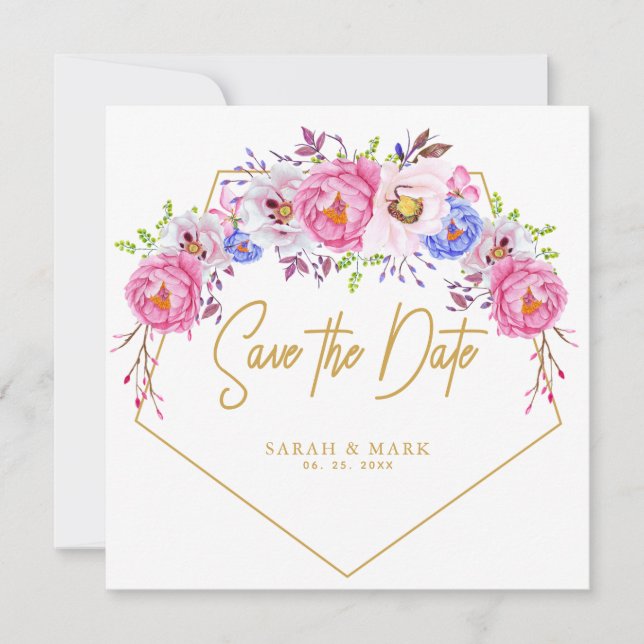 Invitation Aquarelle rose violet Cadre Floral Enregistrer les (Devant)