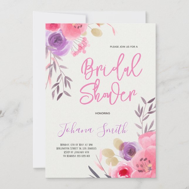 Invitation Aquarelle rose violet Fête des mariées florale (Devant)