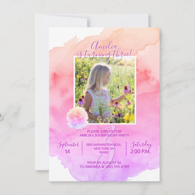 Invitation Aquarelle rose violet fille 3e fête d'anniversaire (Devant)
